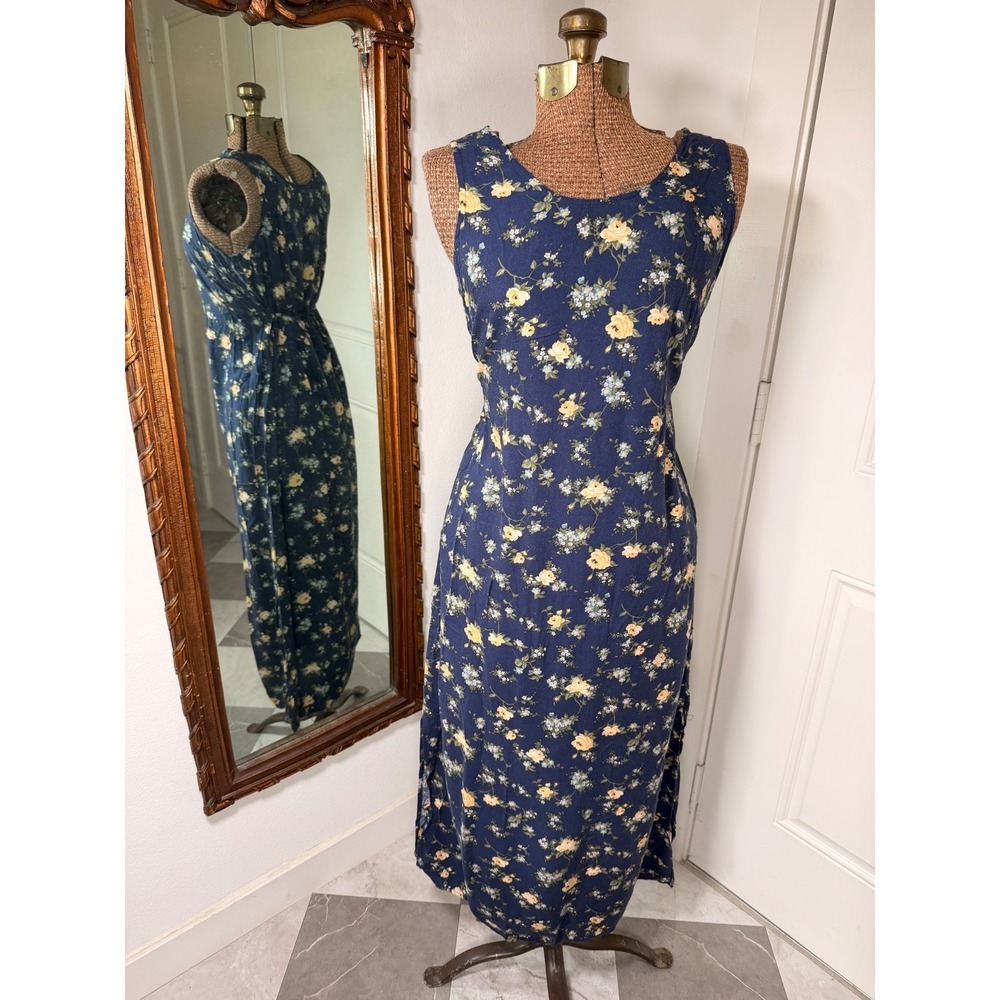Vintage R&K Originals Navy Blue Floral Maxi Dress Cottagecore Sleeveless